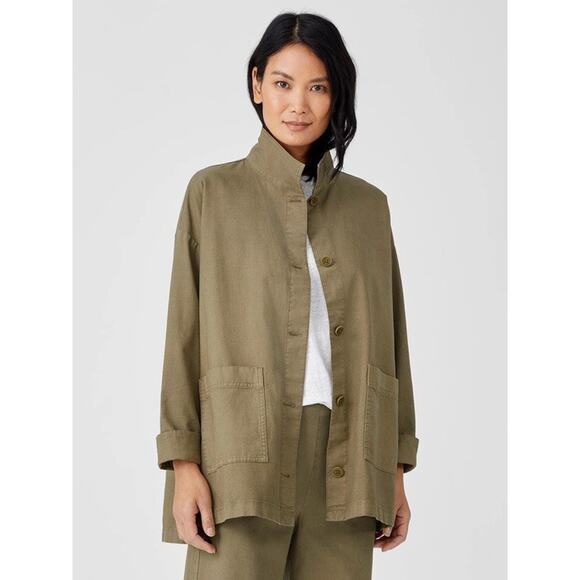 Eileen Fisher PM Petite M Jacket Organic Cotton Hemp Chore Utility Workwear Tan - Picture 1 of 11